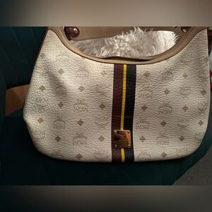MCM White and Brown Shoulder Bag with Monogram Design